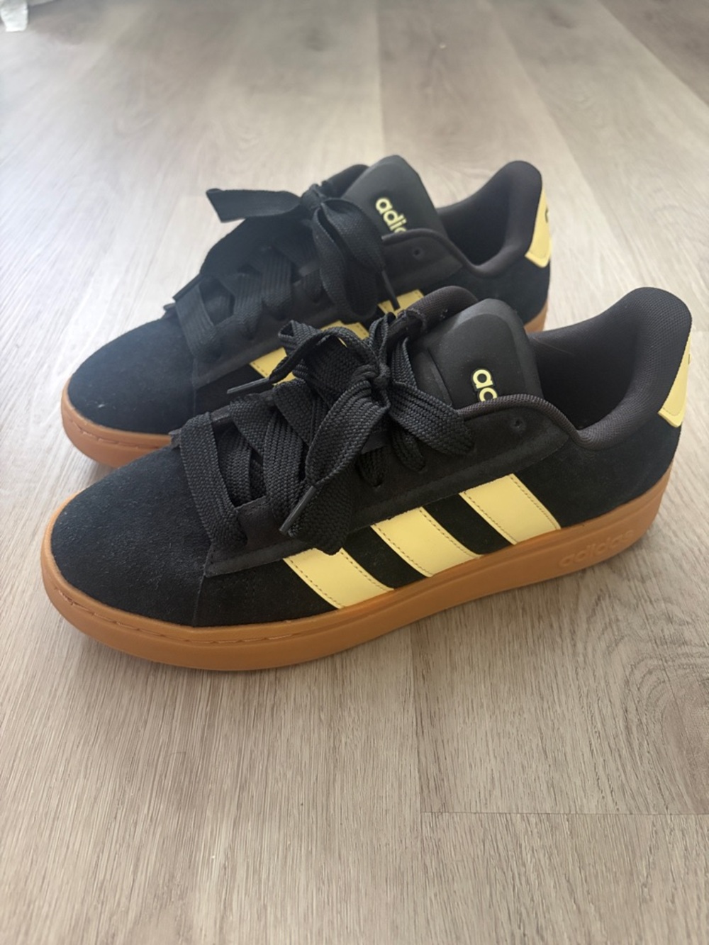 NWOT adidas Black Suede Sneakers with Yellow Stripes and Gum Sole for Women